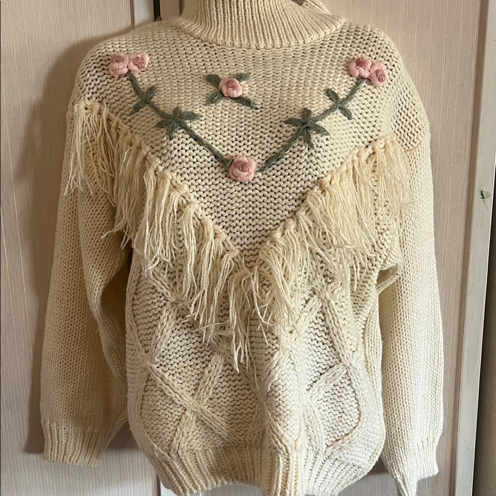 Huntington Ridge Cream Turtleneck Sweater with Pink Floral Embroidery and Fringe